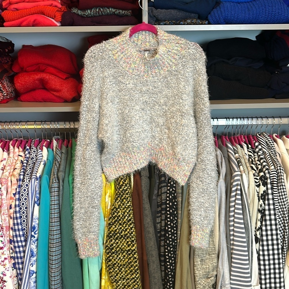 Free People gray fuzzy long sleeve mock cropped turtleneck sweater size XS NWOT